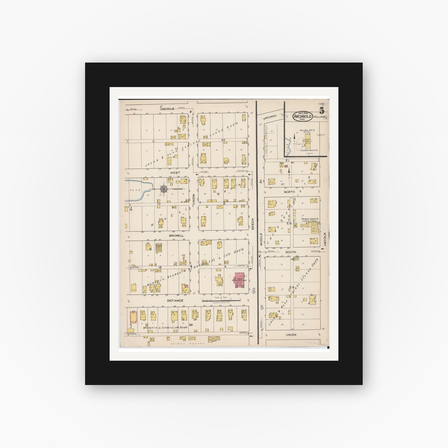 Old map wall art mockup — black gallery frame with white mat — Sanborn Fire Insurance Map from Archbold, Fulton County, Ohio (1922), Sheet #0005