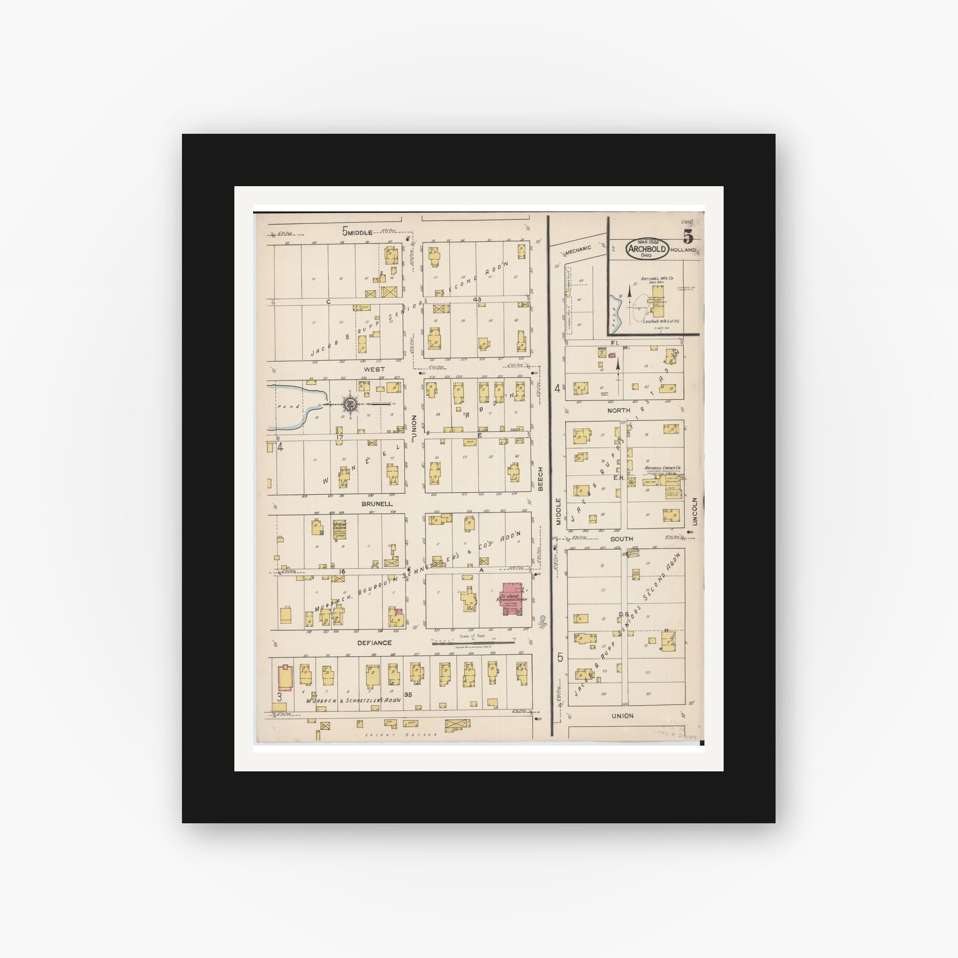 Old map wall art mockup — black gallery frame with white mat — Sanborn Fire Insurance Map from Archbold, Fulton County, Ohio (1922), Sheet #0005