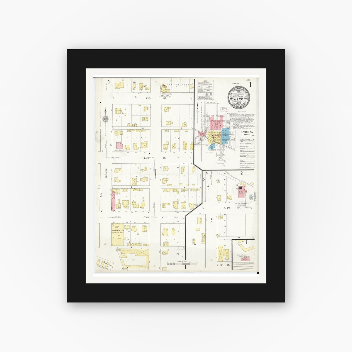Old map wall art mockup — black gallery frame with white mat — Sanborn Fire Insurance Map from West Liberty, Muscatine County, Iowa (1912), Sheet #0001
