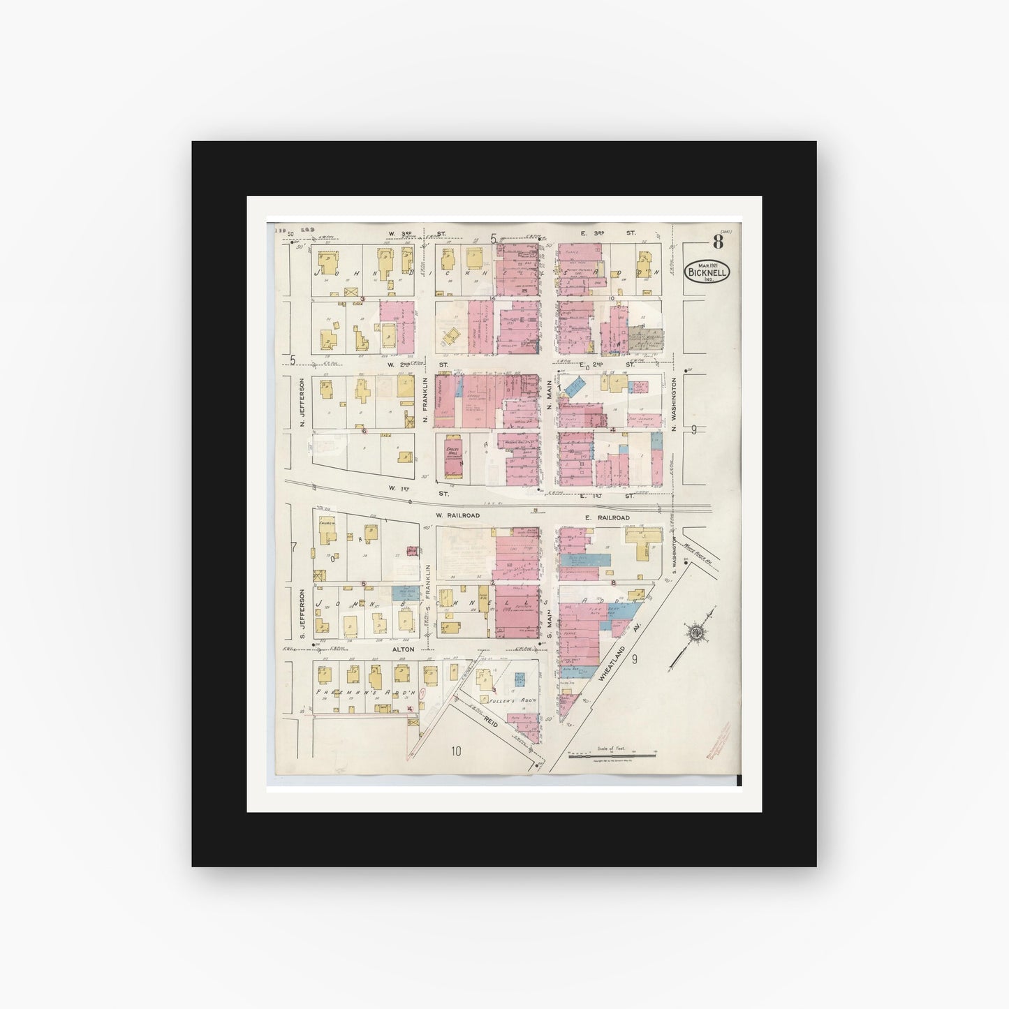 Old map wall art mockup — black gallery frame with white mat — Sanborn Fire Insurance Map from Bicknell, Knox County, Indiana (1946), Sheet #0008