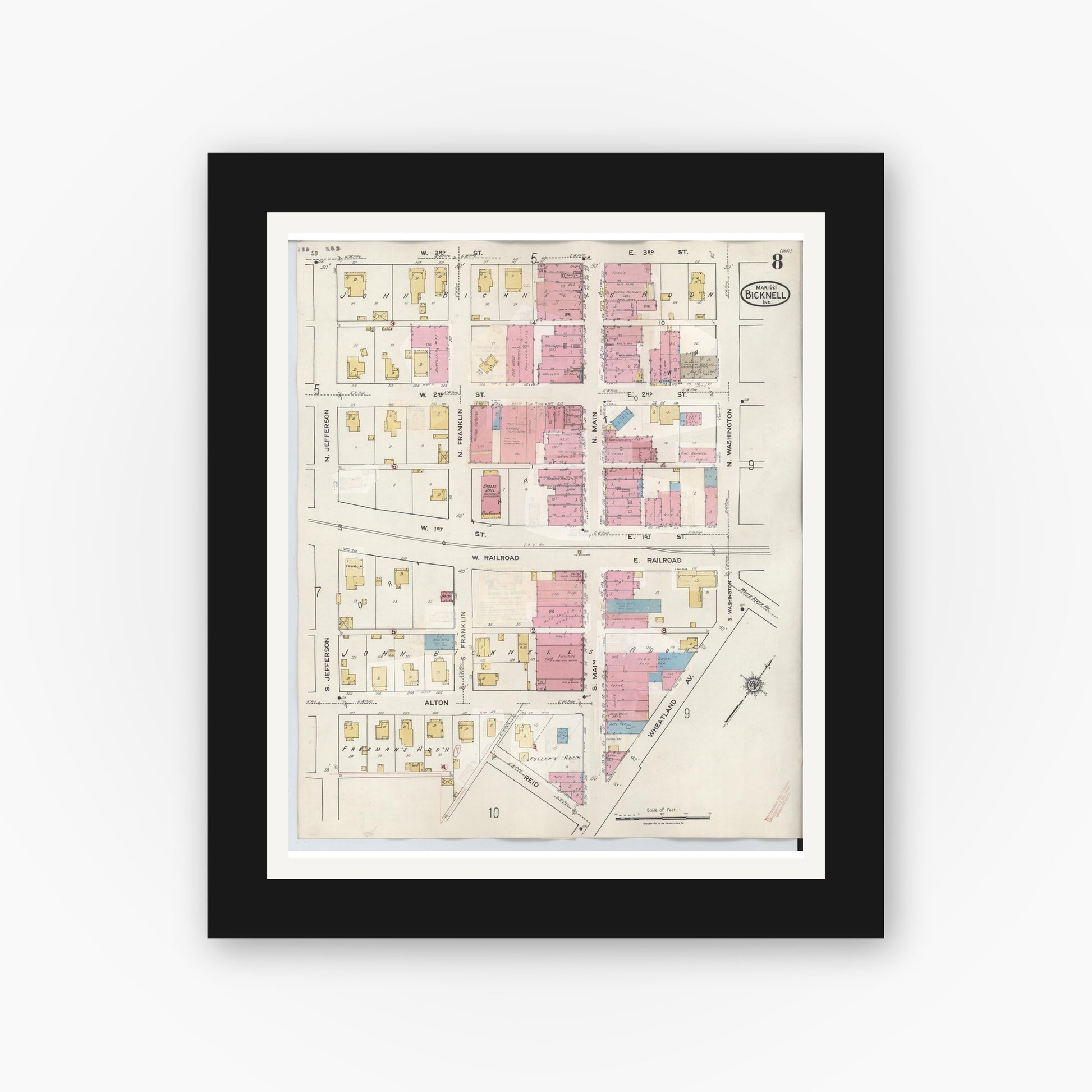 Old map wall art mockup — black gallery frame with white mat — Sanborn Fire Insurance Map from Bicknell, Knox County, Indiana (1946), Sheet #0008