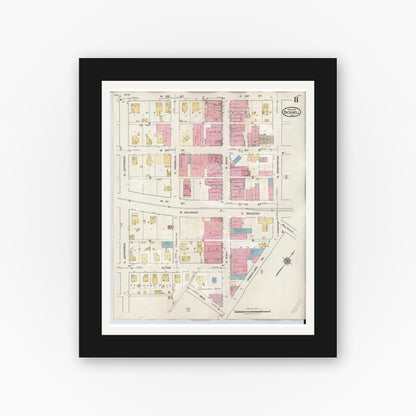 Old map wall art mockup — black gallery frame with white mat — Sanborn Fire Insurance Map from Bicknell, Knox County, Indiana (1946), Sheet #0008