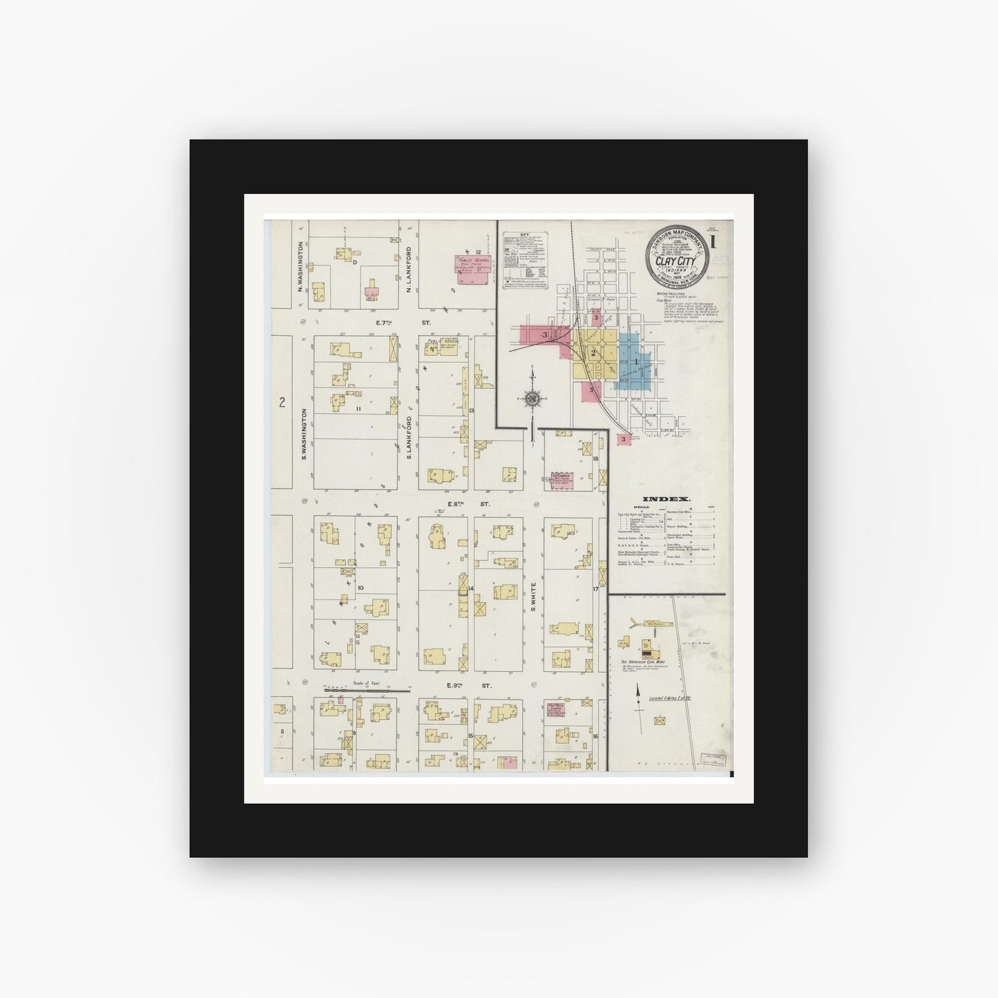 Old map wall art mockup — black gallery frame with white mat — Sanborn Fire Insurance Map from Clay City, Clay County, Indiana (1910) - Complete Map Set