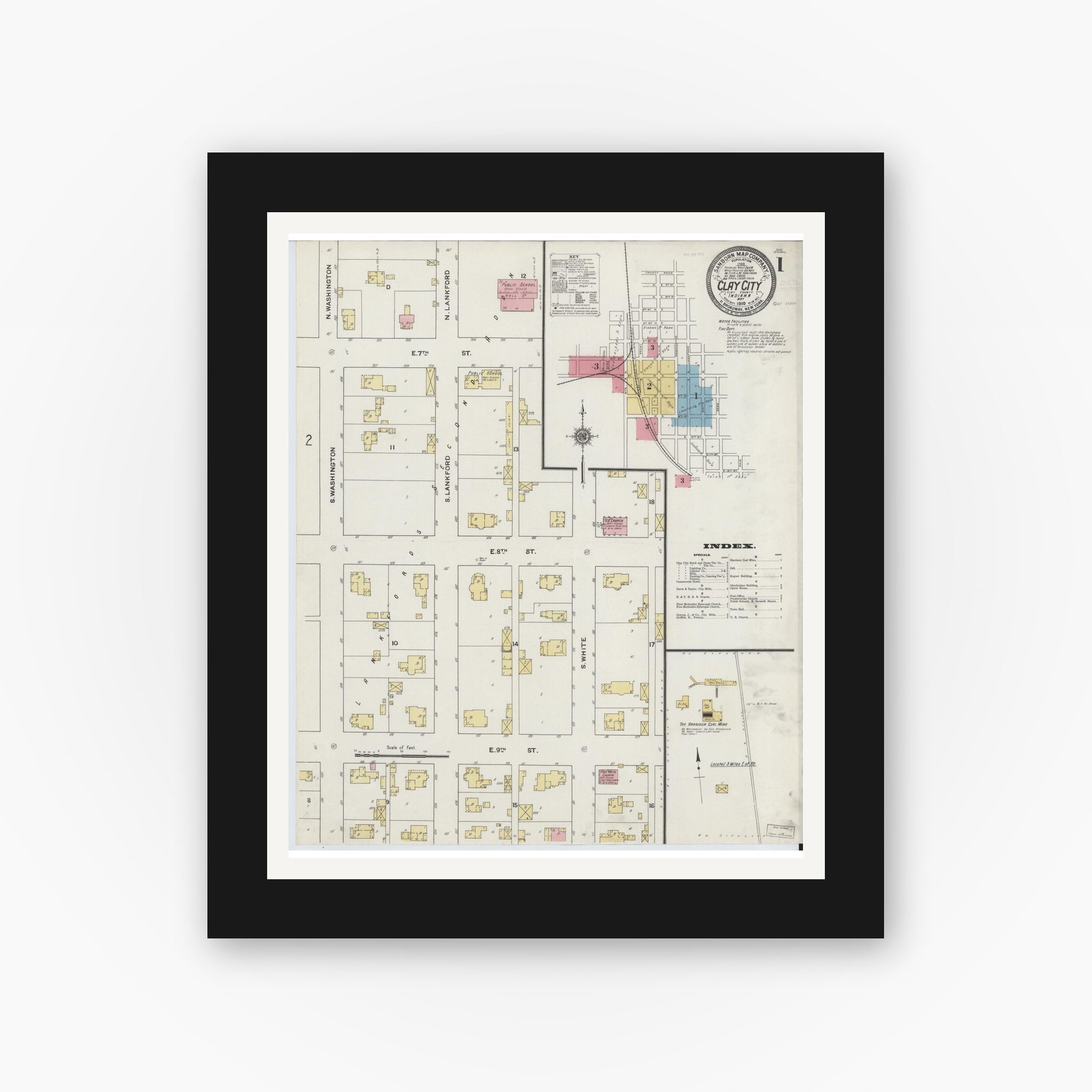 Old map wall art mockup — black gallery frame with white mat — Sanborn Fire Insurance Map from Clay City, Clay County, Indiana (1910) - Complete Map Set
