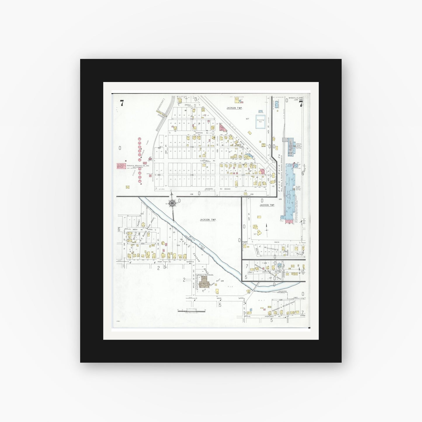 Old map wall art mockup — black gallery frame with white mat — Sanborn Fire Insurance Map from Byesville, Guernsey County, Ohio (1948), Sheet #0007
