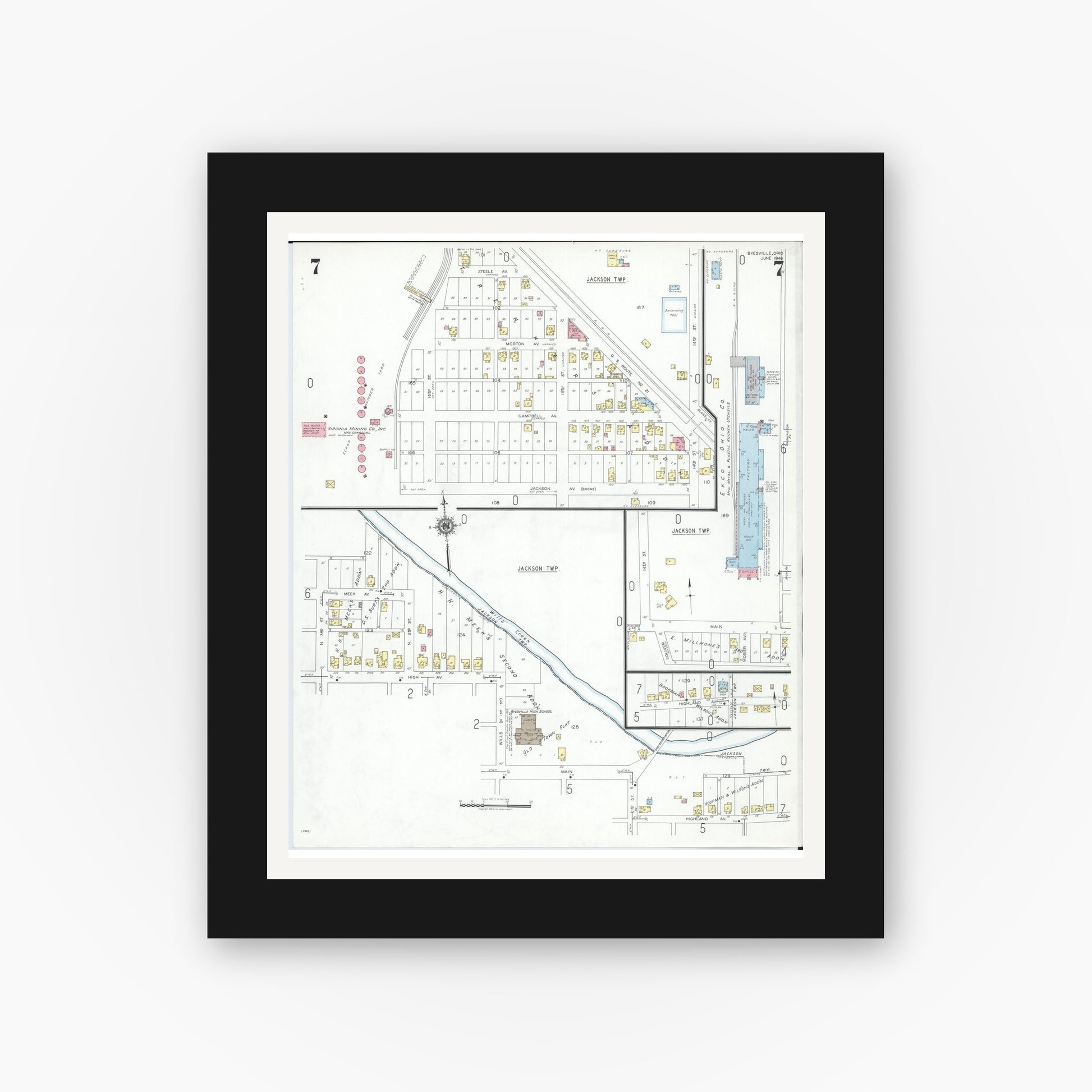 Old map wall art mockup — black gallery frame with white mat — Sanborn Fire Insurance Map from Byesville, Guernsey County, Ohio (1948), Sheet #0007