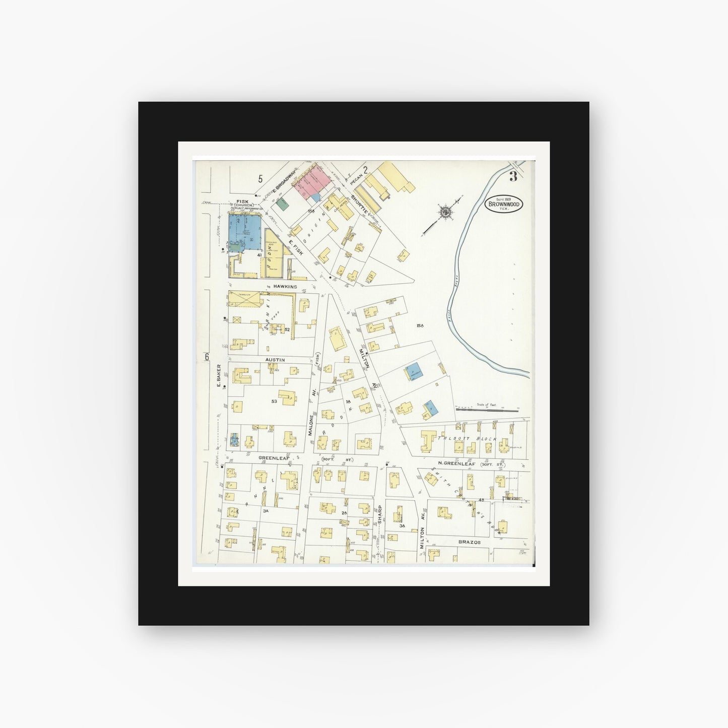 Old map wall art mockup — black gallery frame with white mat — Sanborn Fire Insurance Map from Brownwood, Brown County, Texas (1909), Sheet #0003