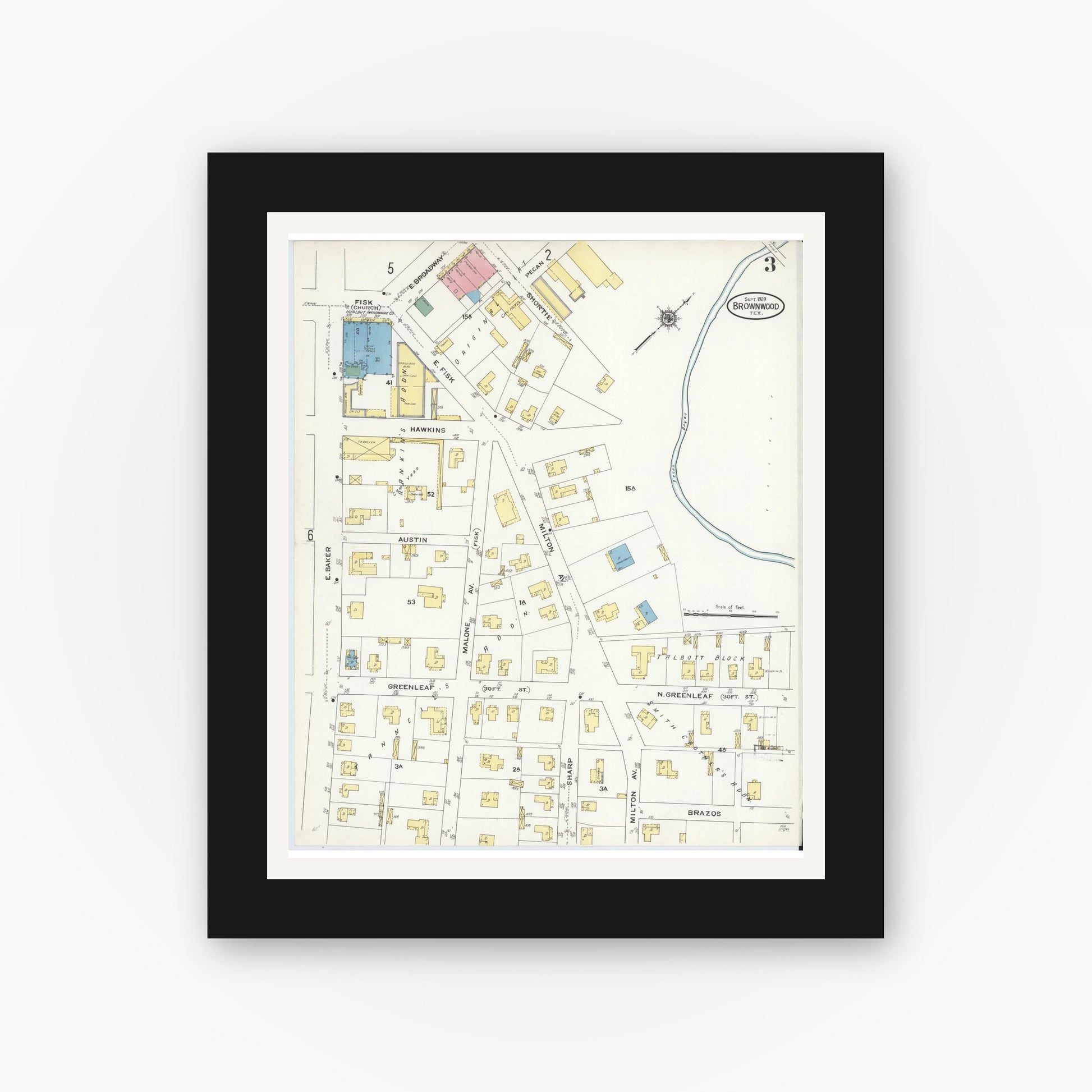 Old map wall art mockup — black gallery frame with white mat — Sanborn Fire Insurance Map from Brownwood, Brown County, Texas (1909), Sheet #0003