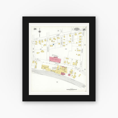 Old map wall art mockup — black gallery frame with white mat — Sanborn Fire Insurance Map from Gardner, Worcester County, Massachusetts (1923), Sheet #0026
