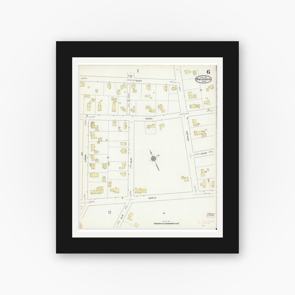 Old map wall art mockup — black gallery frame with white mat — Sanborn Fire Insurance Map from Winchendon, Worcester County, Massachusetts (1914), Sheet #0006