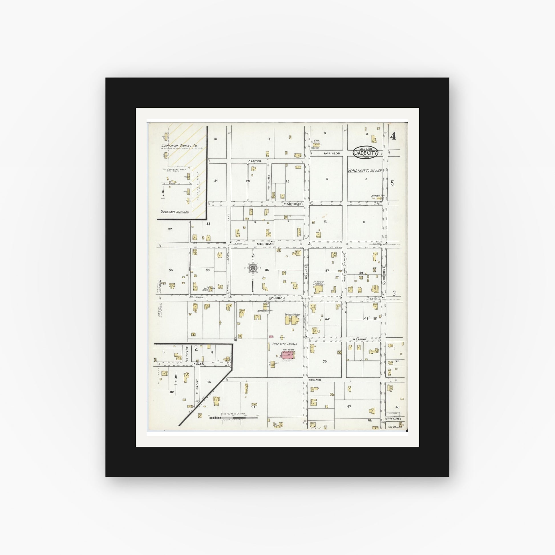Old map wall art mockup — black gallery frame with white mat — Sanborn Fire Insurance Map from Dade City, Pasco County, Florida (1920), Sheet #0004