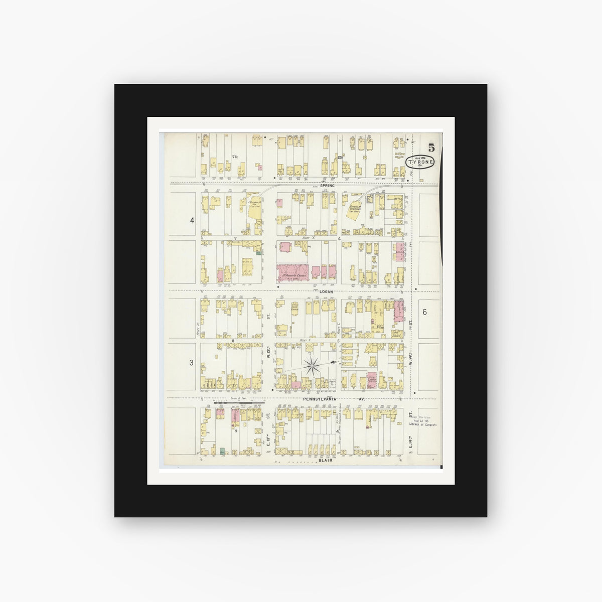 Old map wall art mockup — black gallery frame with white mat — Sanborn Fire Insurance Map from Tyrone, Blair County, Pennsylvania (1896), Sheet #0005