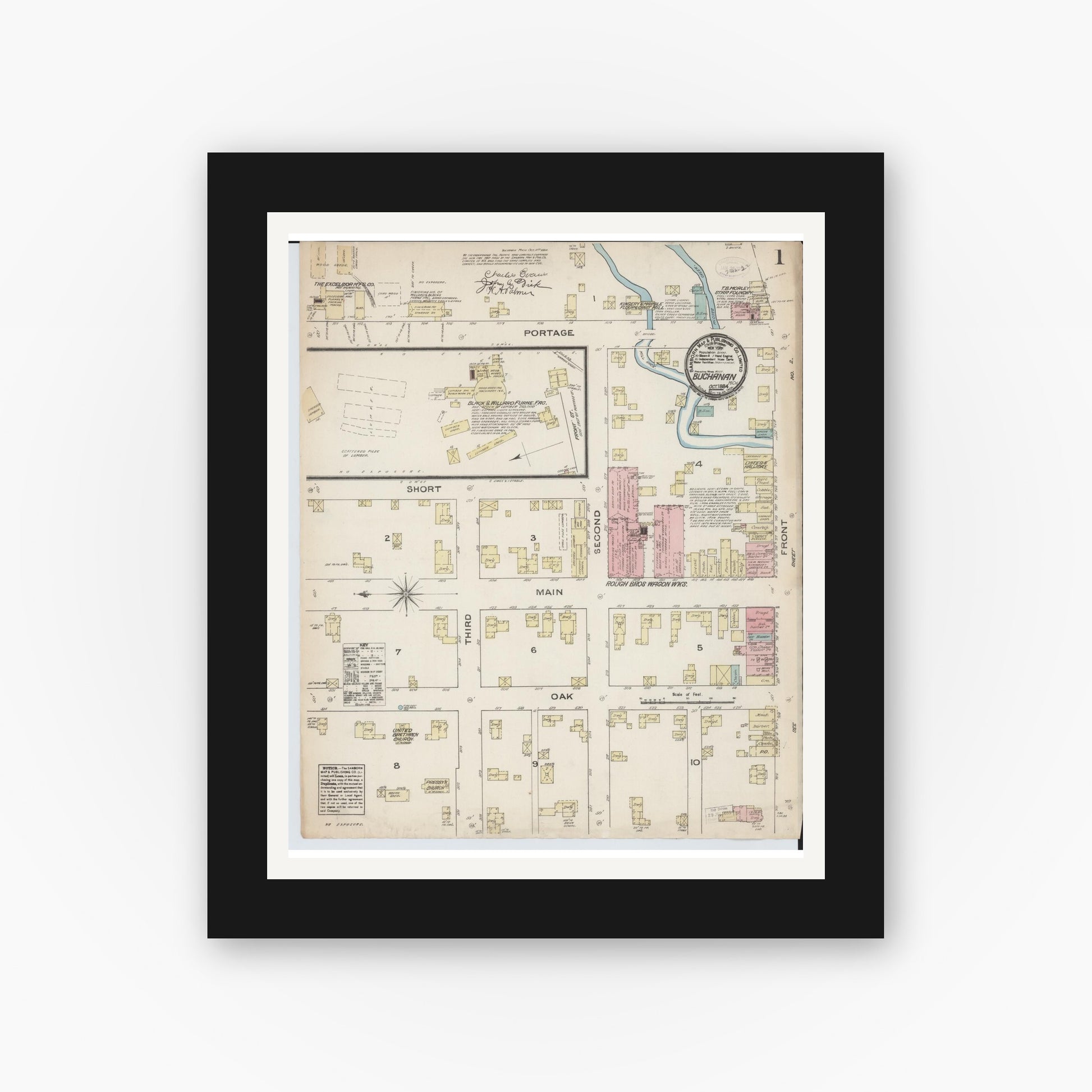 Old map wall art mockup — black gallery frame with white mat — Sanborn Fire Insurance Map from Buchanan, Berrien County, Michigan (1884), Sheet #0001