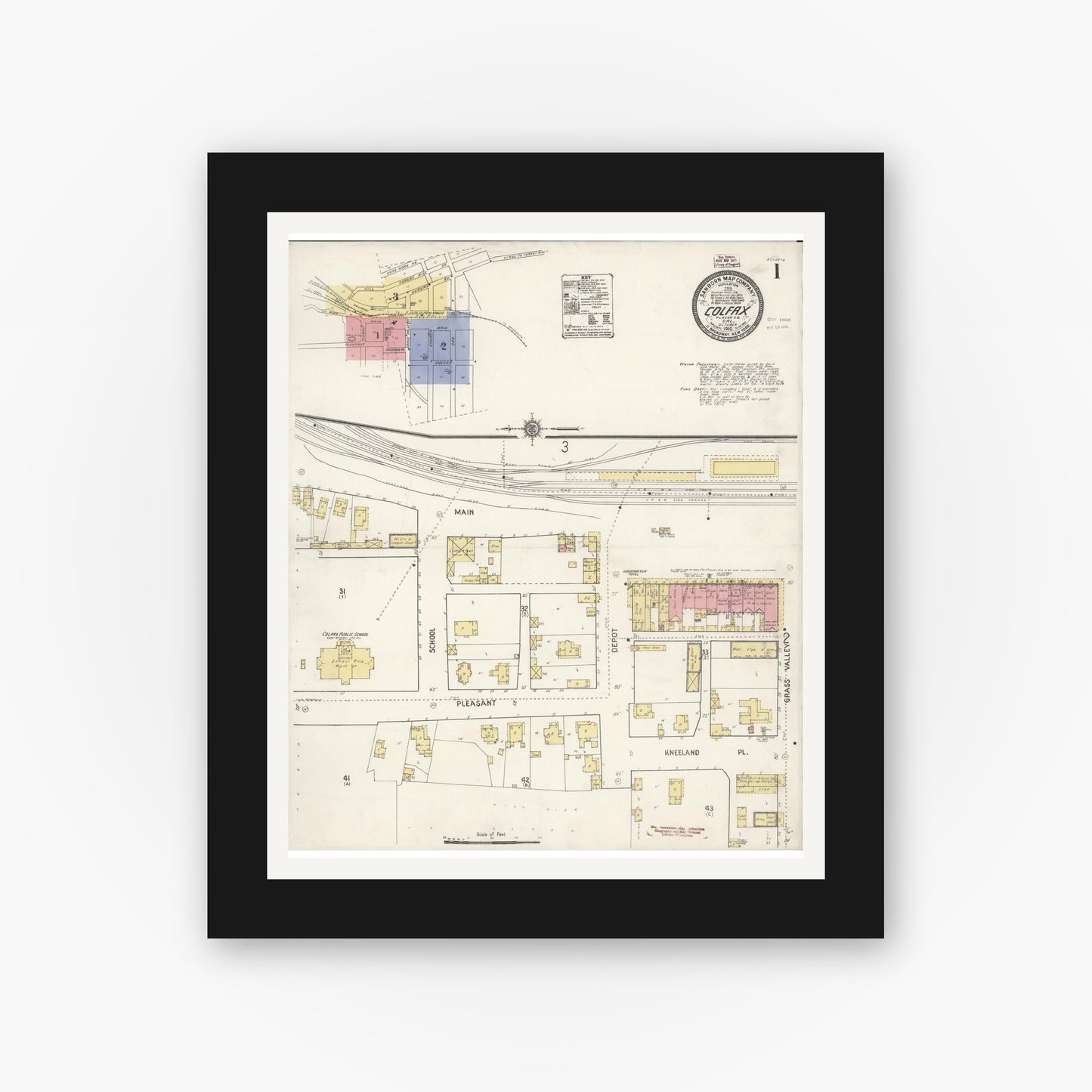 Old map wall art mockup — black gallery frame with white mat — Sanborn Fire Insurance Map from Colfax, Placer County, California (1910) - Complete Map Set