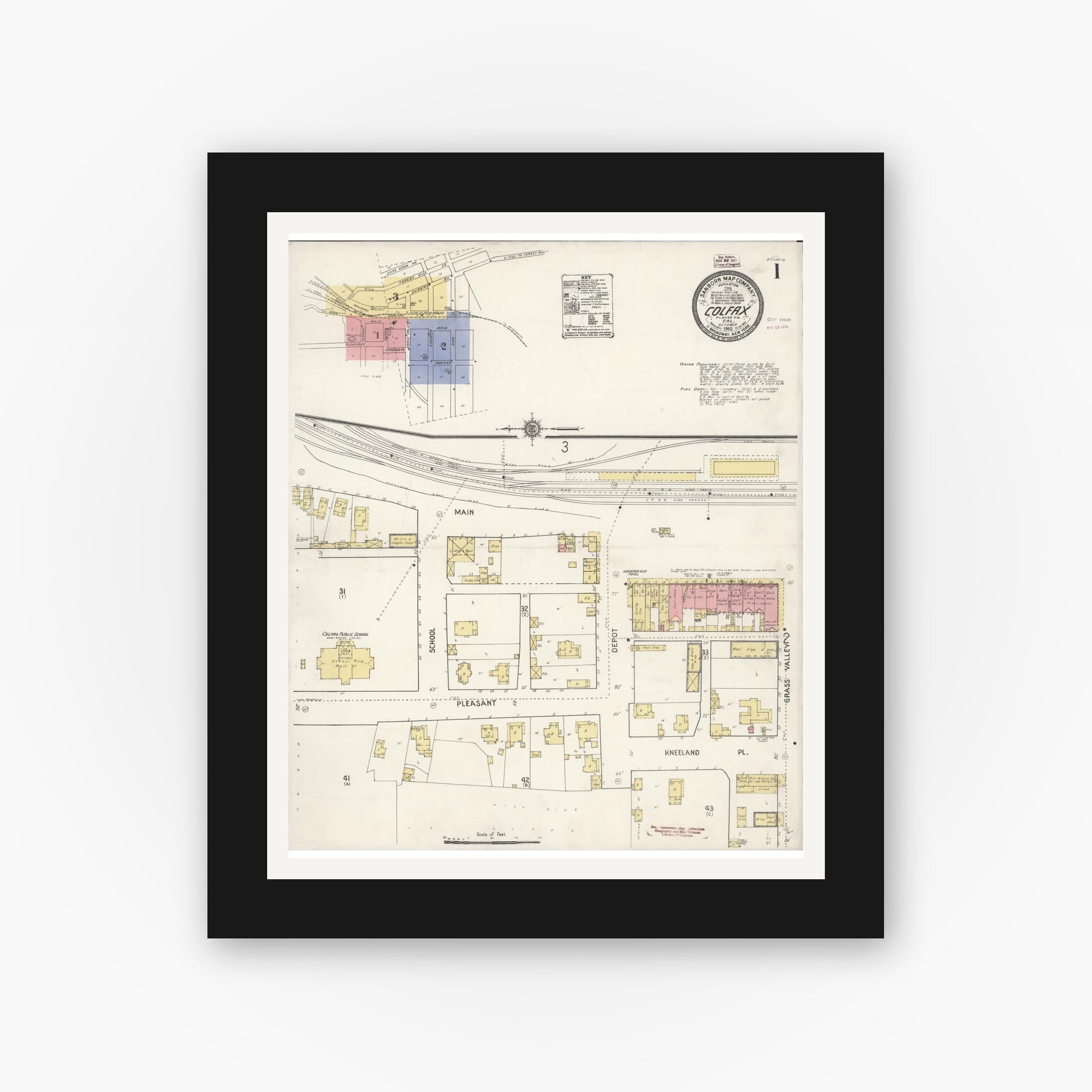 Old map wall art mockup — black gallery frame with white mat — Sanborn Fire Insurance Map from Colfax, Placer County, California (1910) - Complete Map Set