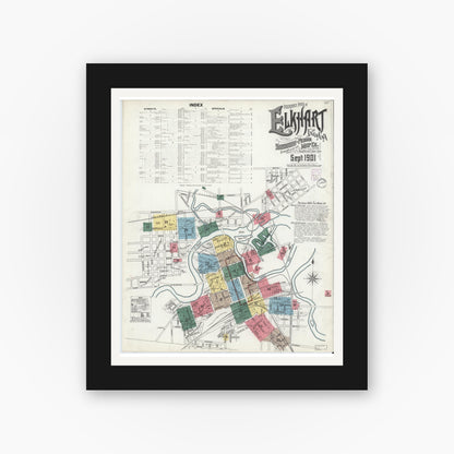 Old map wall art mockup — black gallery frame with white mat — Sanborn Fire Insurance Map from Elkhart, Elkhart County, Indiana (1901) - Complete Map Set