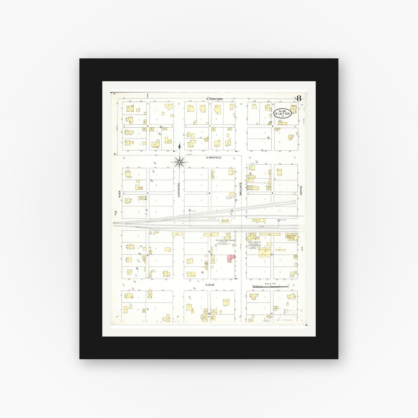 Old map wall art mockup — black gallery frame with white mat — Sanborn Fire Insurance Map from Vinton, Benton County, Iowa (1906), Sheet #0008