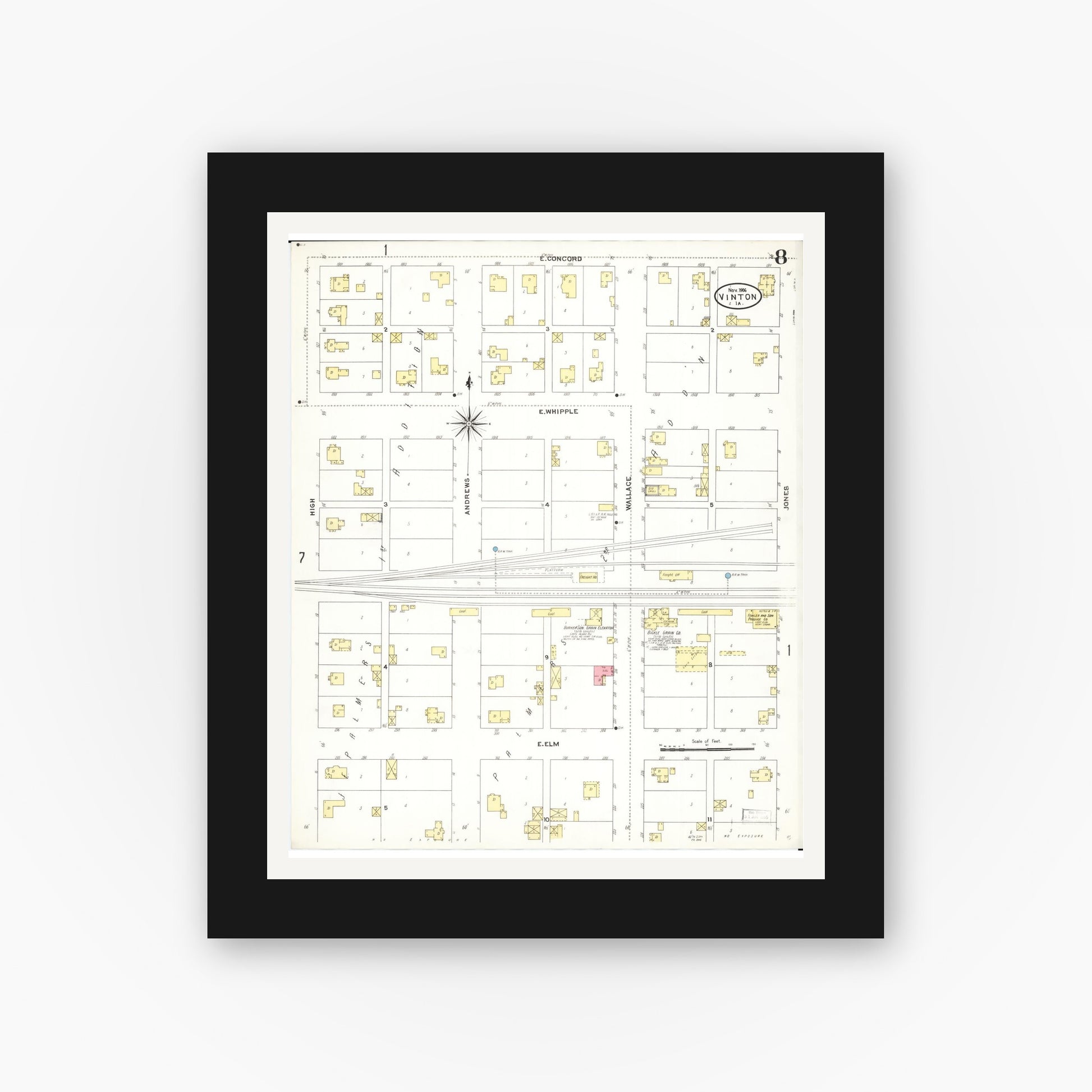 Old map wall art mockup — black gallery frame with white mat — Sanborn Fire Insurance Map from Vinton, Benton County, Iowa (1906), Sheet #0008
