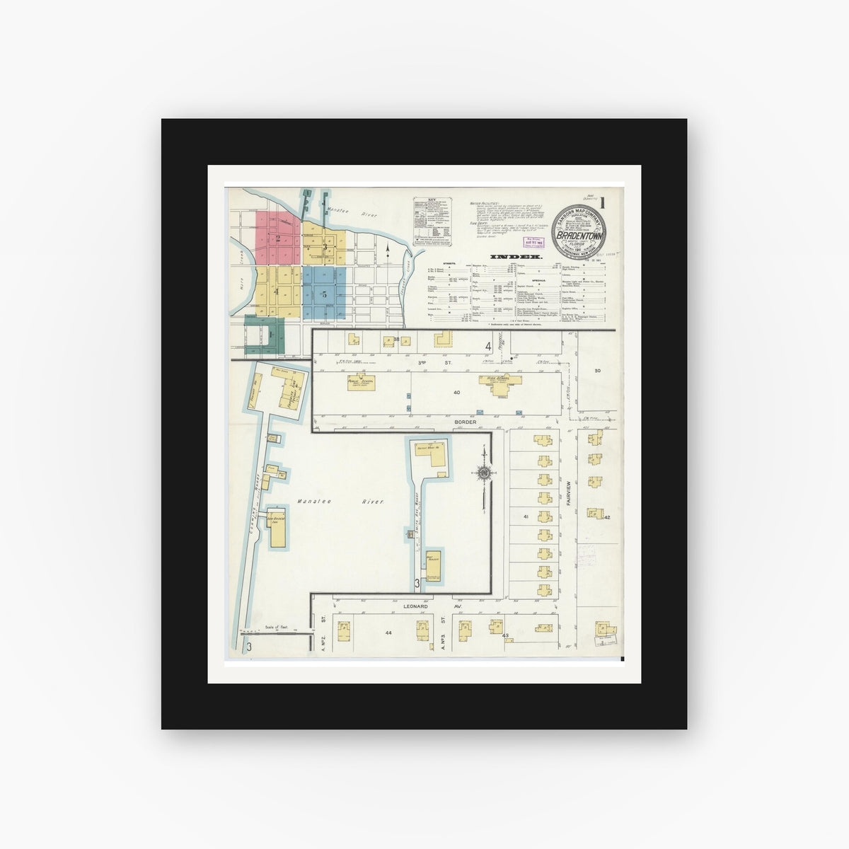 Old map wall art mockup — black gallery frame with white mat — Sanborn Fire Insurance Map from Bradentown, Manatee County, Florida (1911) - Complete Map Set