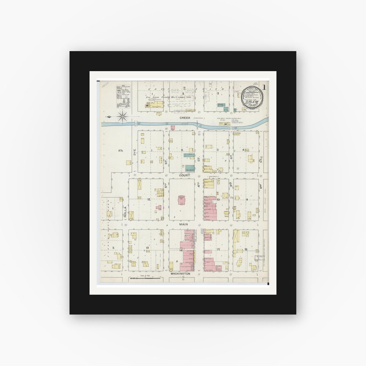 Old map wall art mockup — black gallery frame with white mat — Sanborn Fire Insurance Map from Salem, Dent County, Missouri (1893), Sheet #0001