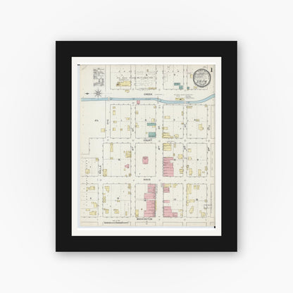 Old map wall art mockup — black gallery frame with white mat — Sanborn Fire Insurance Map from Salem, Dent County, Missouri (1893), Sheet #0001