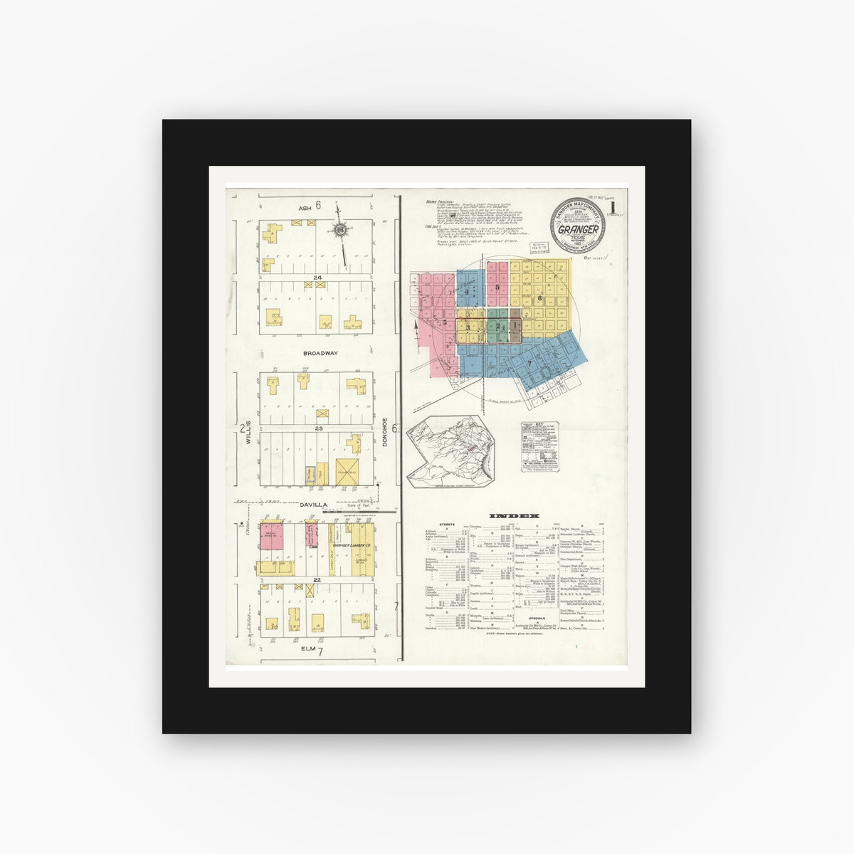 Old map wall art mockup — black gallery frame with white mat — Sanborn Fire Insurance Map from Granger, Williamson County, Texas (1921), Sheet #0001