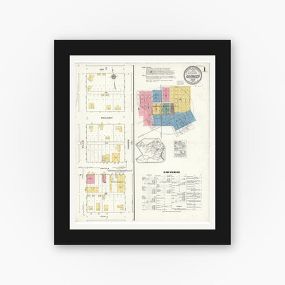 Old map wall art mockup — black gallery frame with white mat — Sanborn Fire Insurance Map from Granger, Williamson County, Texas (1921), Sheet #0001
