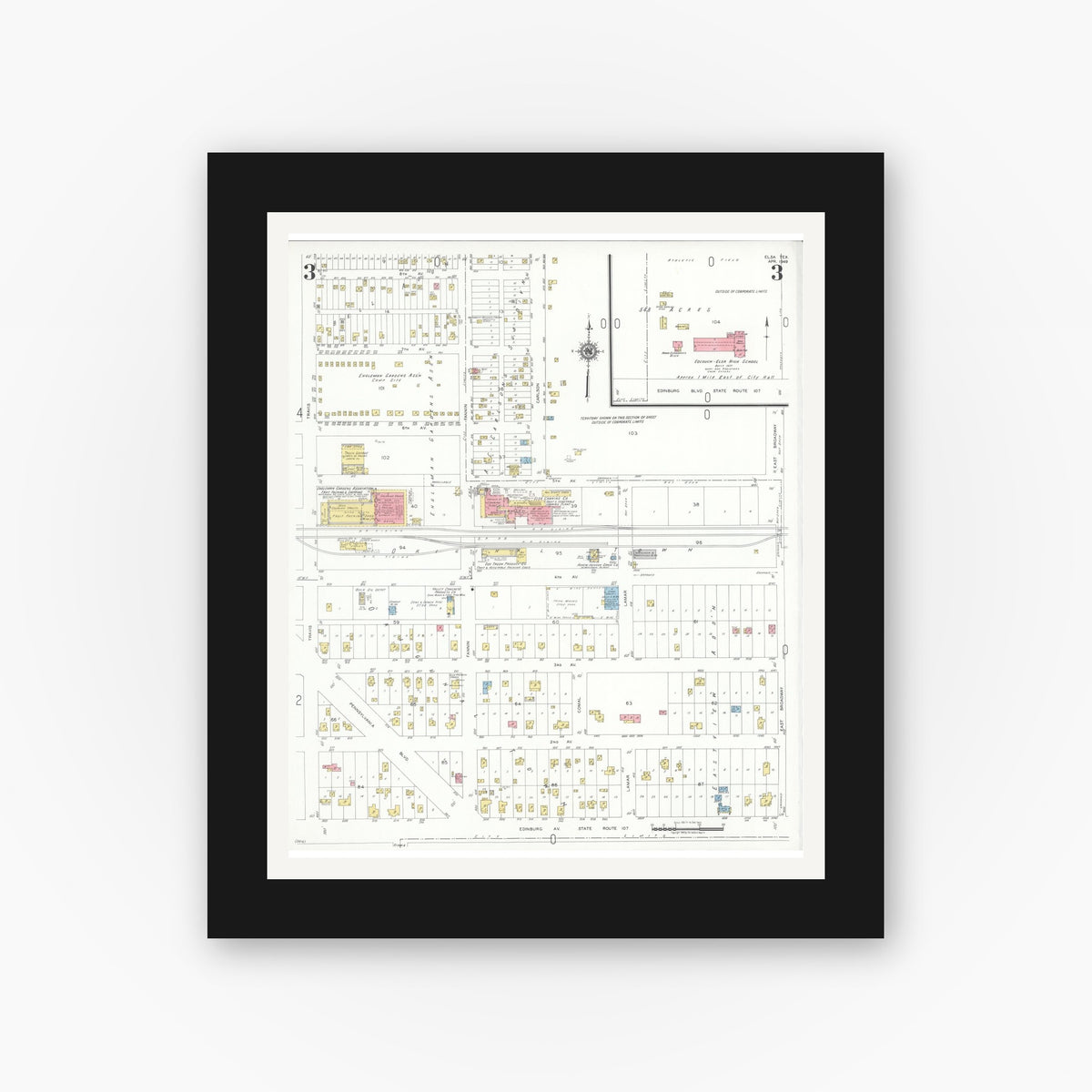 Old map wall art mockup — black gallery frame with white mat — Sanborn Fire Insurance Map from Elsa, Hidalgo County, Texas (1949), Sheet #0003