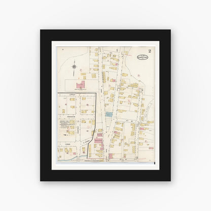 Old map wall art mockup — black gallery frame with white mat — Sanborn Fire Insurance Map from Schaghticoke, Rensselaer County, New York (1938), Sheet #0002