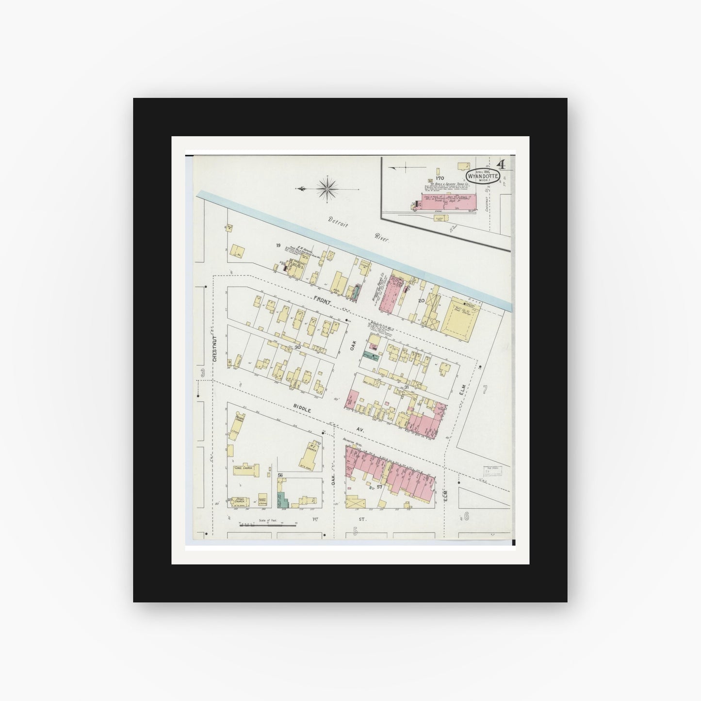 Old map wall art mockup — black gallery frame with white mat — Sanborn Fire Insurance Map from Wyandotte, Wayne County, Michigan (1895), Sheet #0004