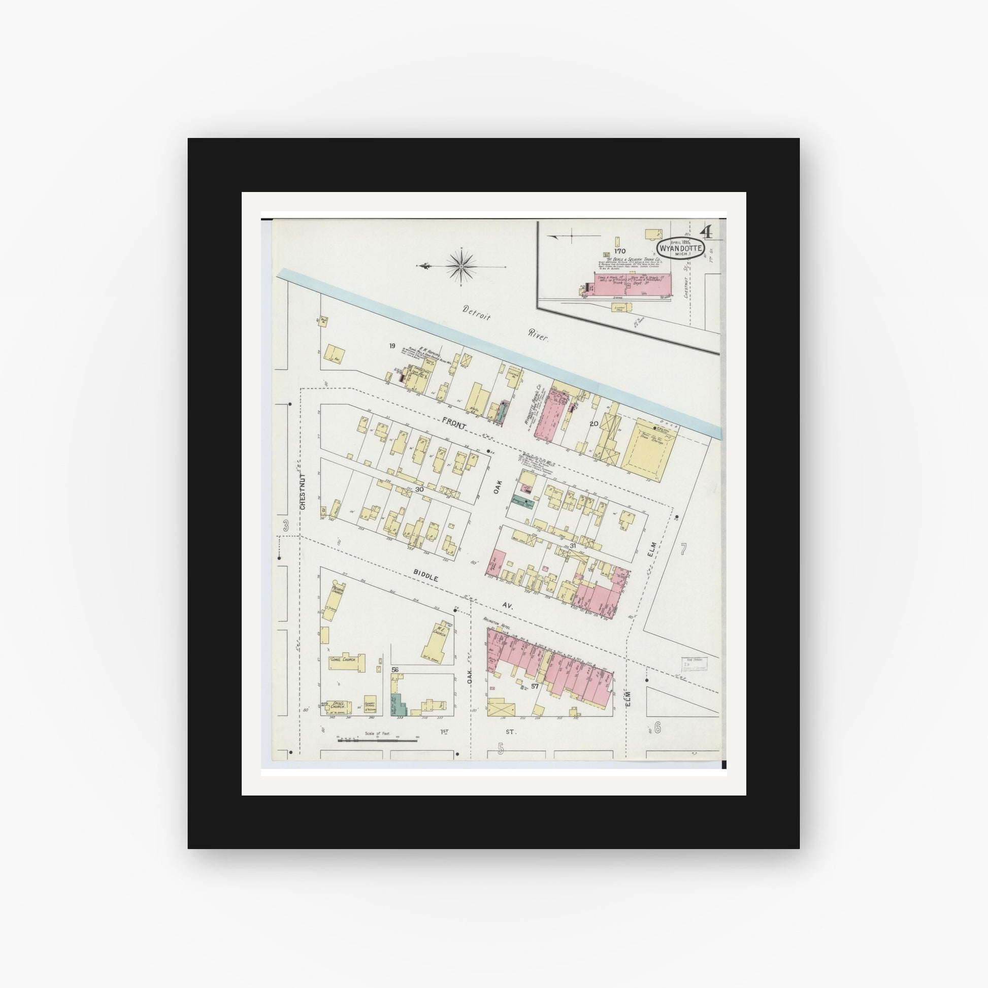 Old map wall art mockup — black gallery frame with white mat — Sanborn Fire Insurance Map from Wyandotte, Wayne County, Michigan (1895), Sheet #0004