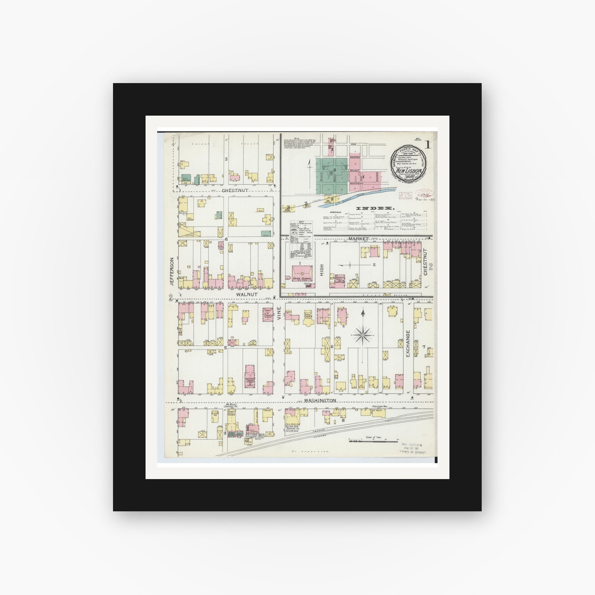 Old map wall art mockup — black gallery frame with white mat — Sanborn Fire Insurance Map from New Lisbon, Columbiana County, Ohio (1893) - Complete Map Set