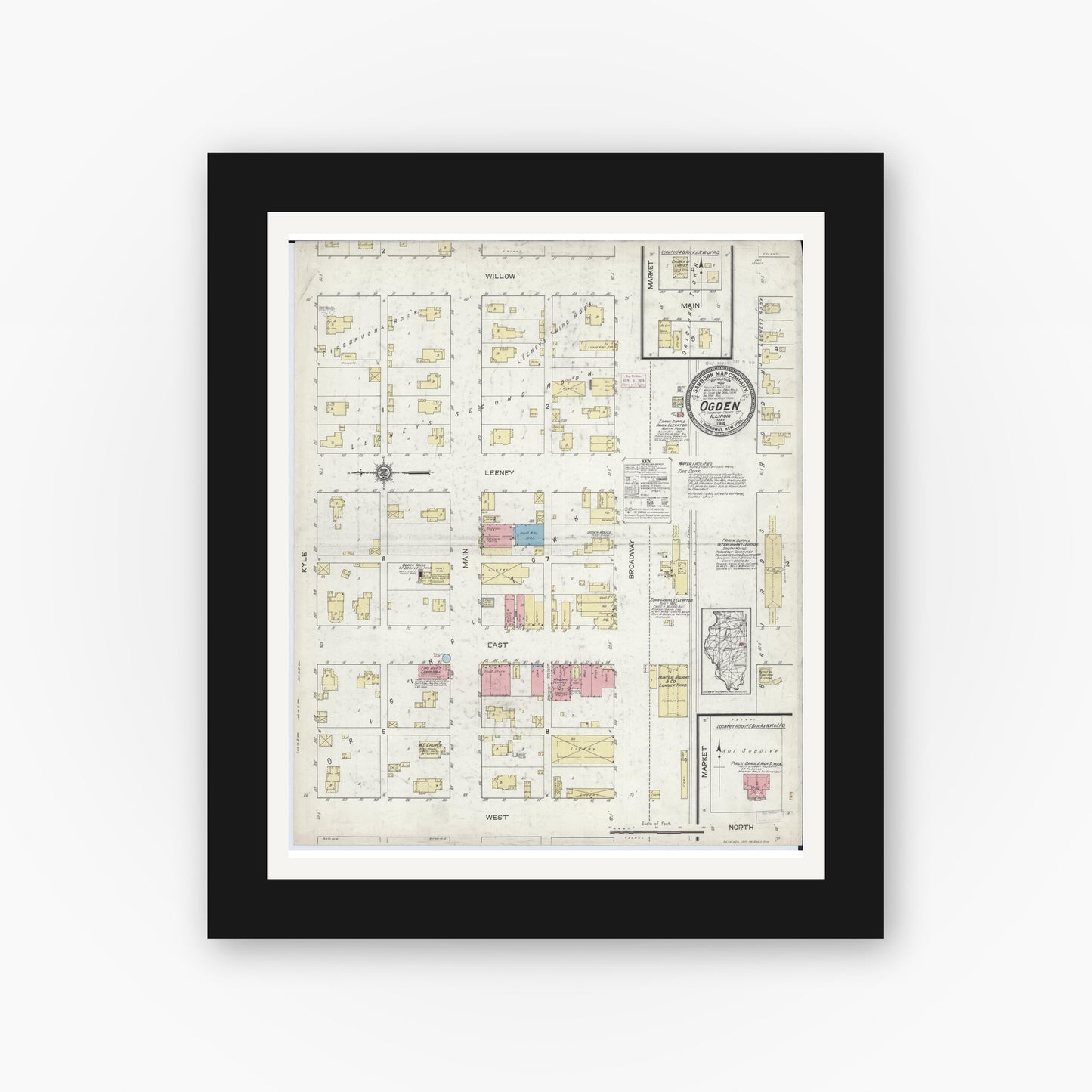Old map wall art mockup — black gallery frame with white mat — Sanborn Fire Insurance Map from Ogden, Champaign County, Illinois (1914), Sheet #0001