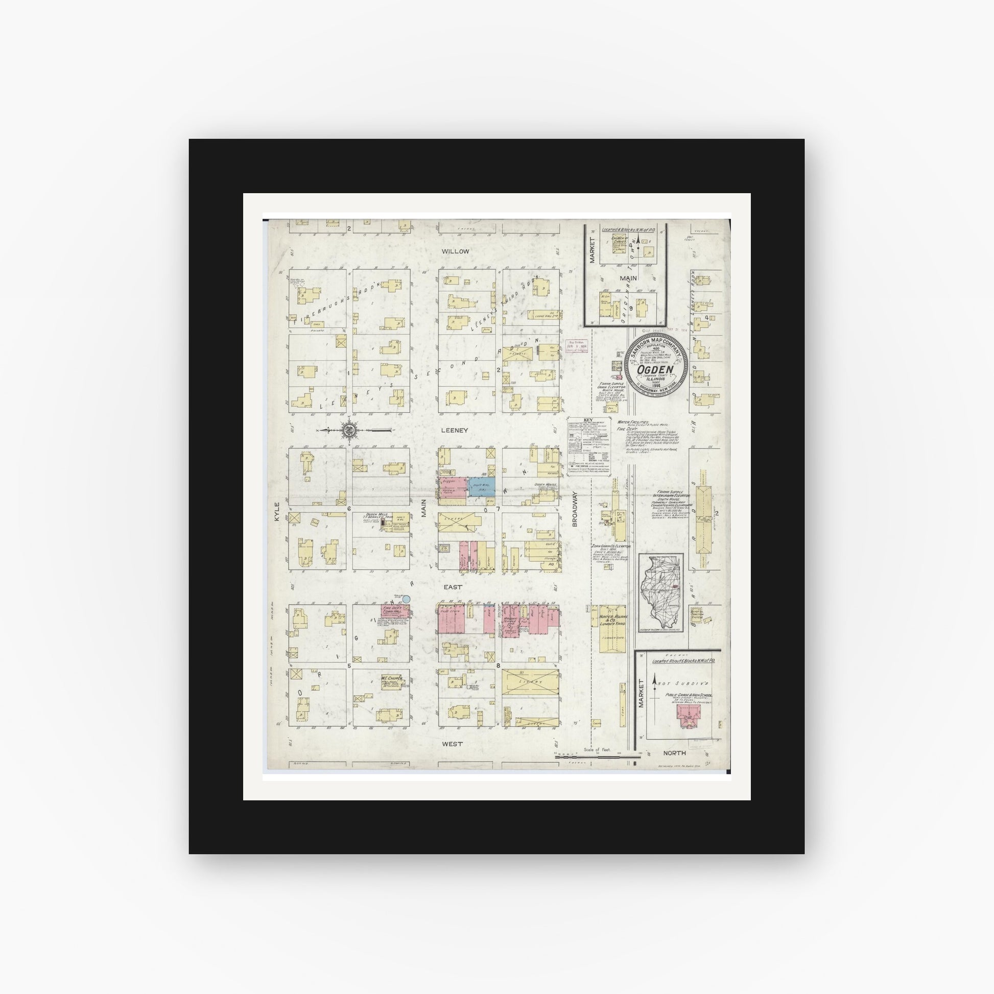 Old map wall art mockup — black gallery frame with white mat — Sanborn Fire Insurance Map from Ogden, Champaign County, Illinois (1914), Sheet #0001