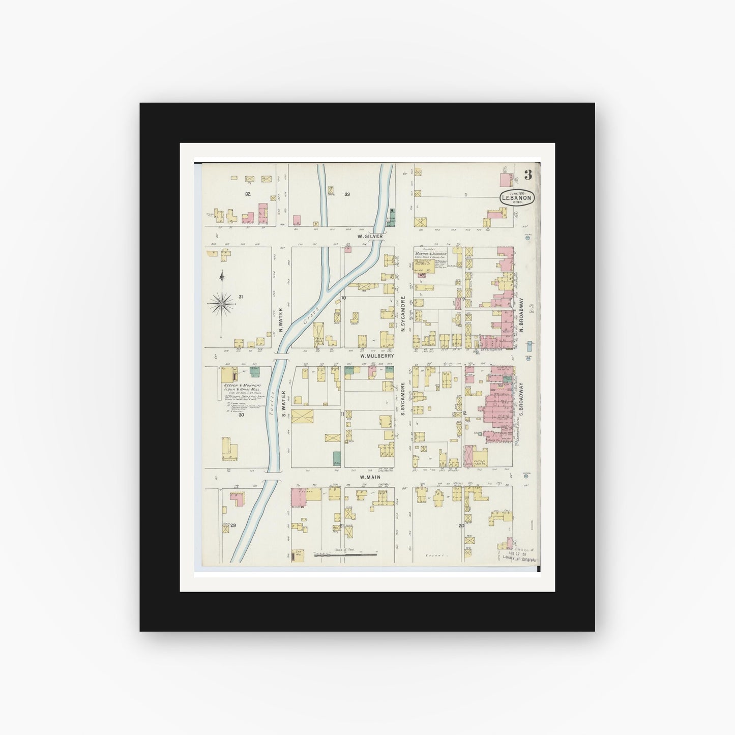 Old map wall art mockup — black gallery frame with white mat — Sanborn Fire Insurance Map from Lebanon, Warren County, Ohio (1895), Sheet #0003