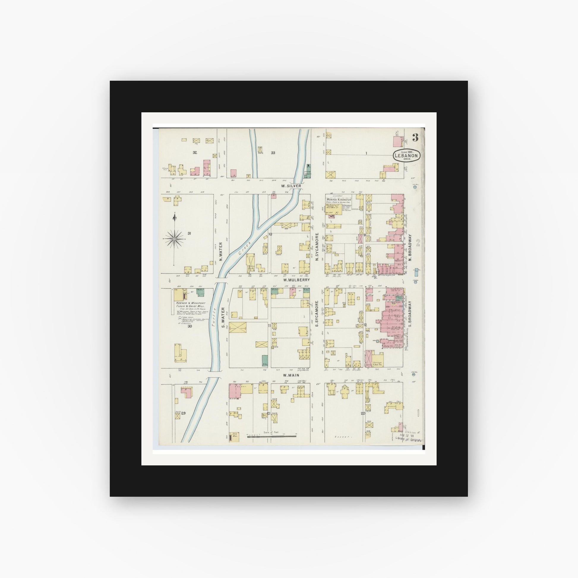 Old map wall art mockup — black gallery frame with white mat — Sanborn Fire Insurance Map from Lebanon, Warren County, Ohio (1895), Sheet #0003