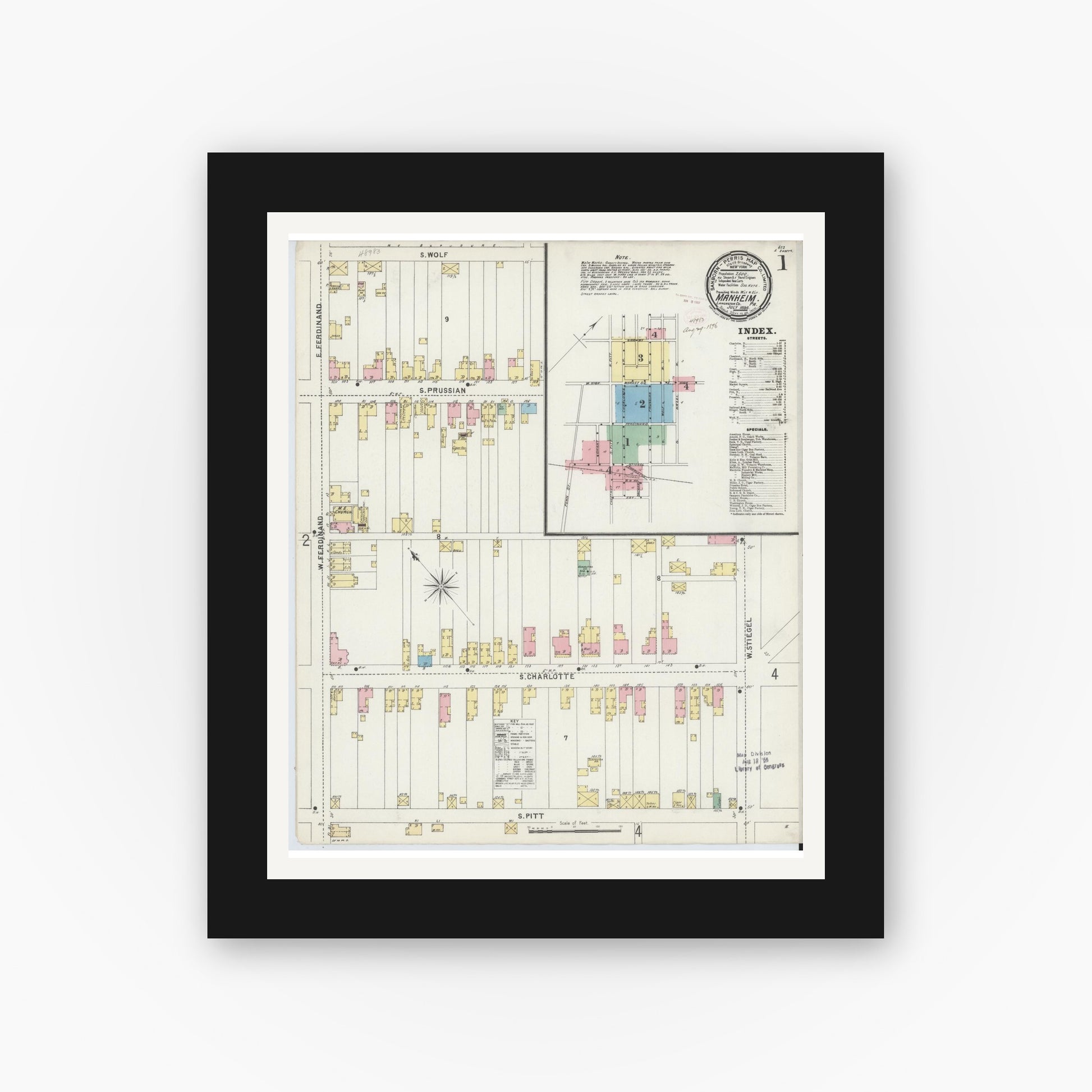 Old map wall art mockup — black gallery frame with white mat — Sanborn Fire Insurance Map from Manheim, Lancaster County, Pennsylvania (1896), Sheet #0001
