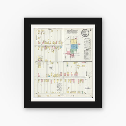 Old map wall art mockup — black gallery frame with white mat — Sanborn Fire Insurance Map from Manheim, Lancaster County, Pennsylvania (1896), Sheet #0001
