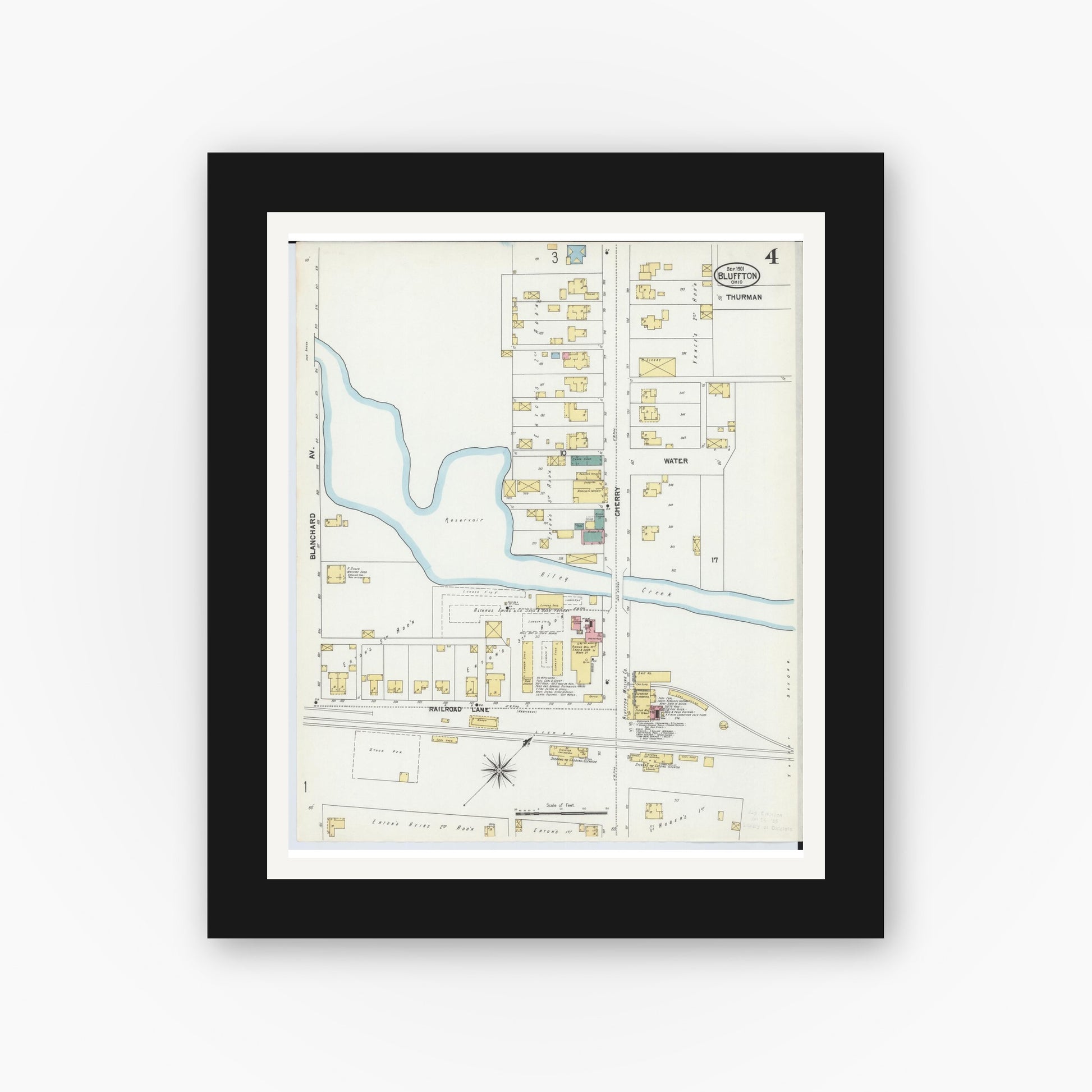 Old map wall art mockup — black gallery frame with white mat — Sanborn Fire Insurance Map from Bluffton, Allen County, Ohio (1901), Sheet #0004