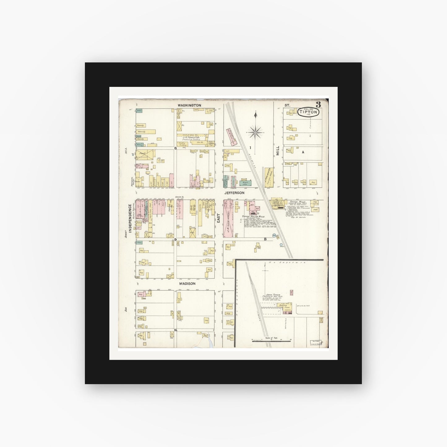 Old map wall art mockup — black gallery frame with white mat — Sanborn Fire Insurance Map from Tipton, Tipton County, Indiana (1890), Sheet #0003