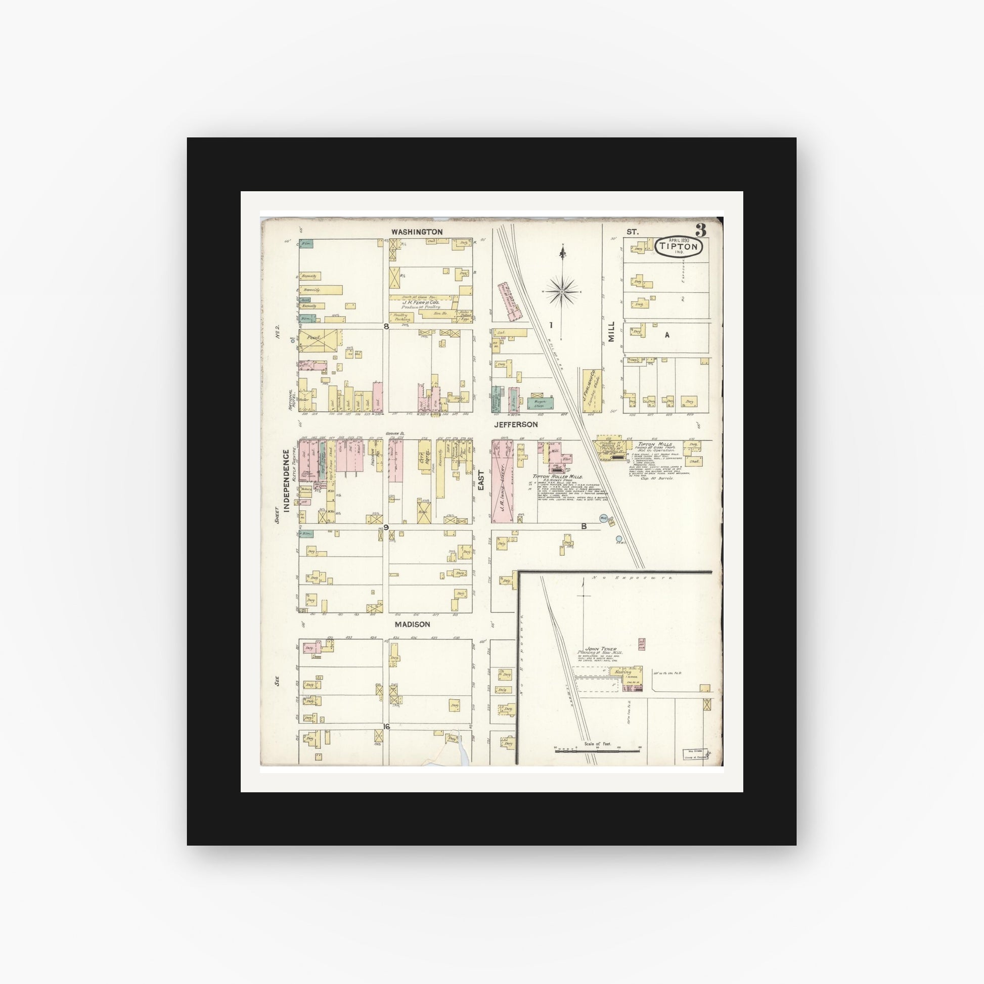 Old map wall art mockup — black gallery frame with white mat — Sanborn Fire Insurance Map from Tipton, Tipton County, Indiana (1890), Sheet #0003