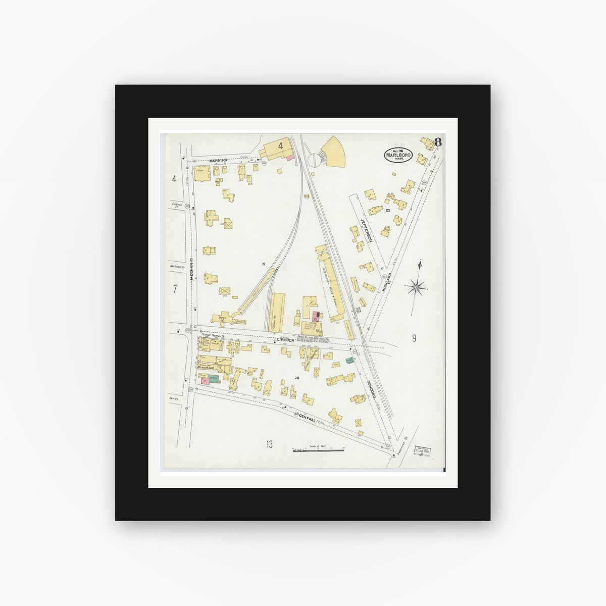 Old map wall art mockup — black gallery frame with white mat — Sanborn Fire Insurance Map from Marlborough, Middlesex County, Massachusetts (1906), Sheet #0008