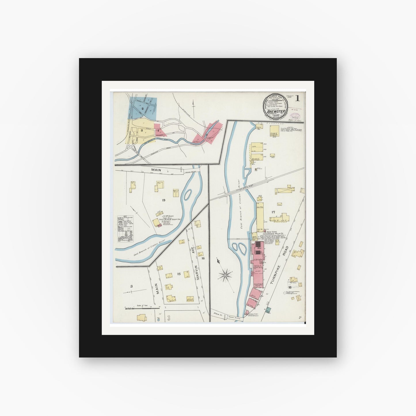 Old map wall art mockup — black gallery frame with white mat — Sanborn Fire Insurance Map from Brewster, Putnam County, New York (1893) - Complete Map Set