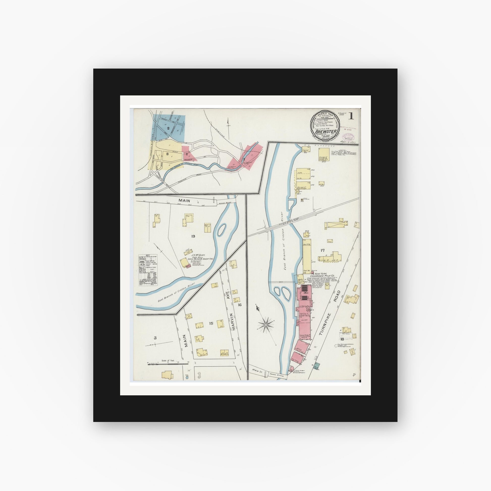 Old map wall art mockup — black gallery frame with white mat — Sanborn Fire Insurance Map from Brewster, Putnam County, New York (1893) - Complete Map Set