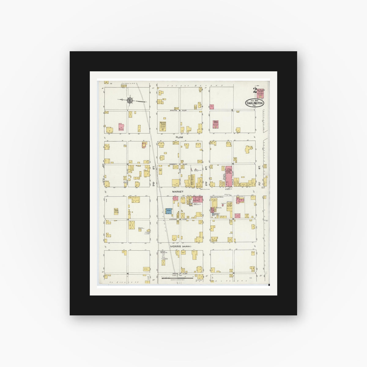 Old map wall art mockup — black gallery frame with white mat — Sanborn Fire Insurance Map from Darlington, Beaver County, Pennsylvania (1921), Sheet #0002