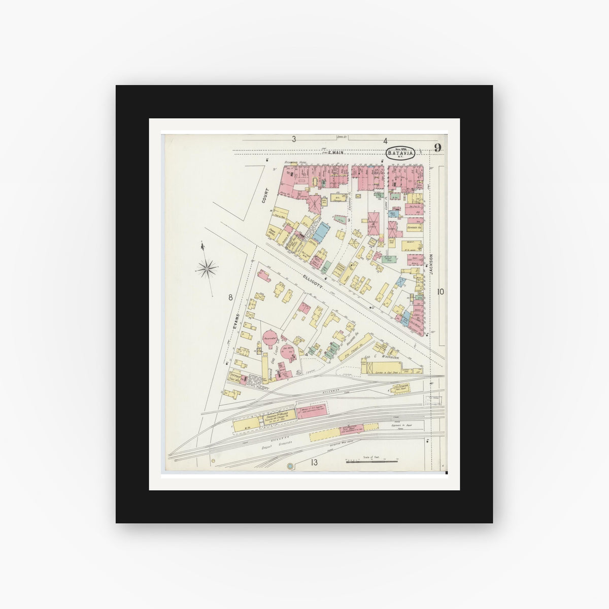 Old map wall art mockup — black gallery frame with white mat — Sanborn Fire Insurance Map from Batavia, Genesee County, New York (1896), Sheet #0009