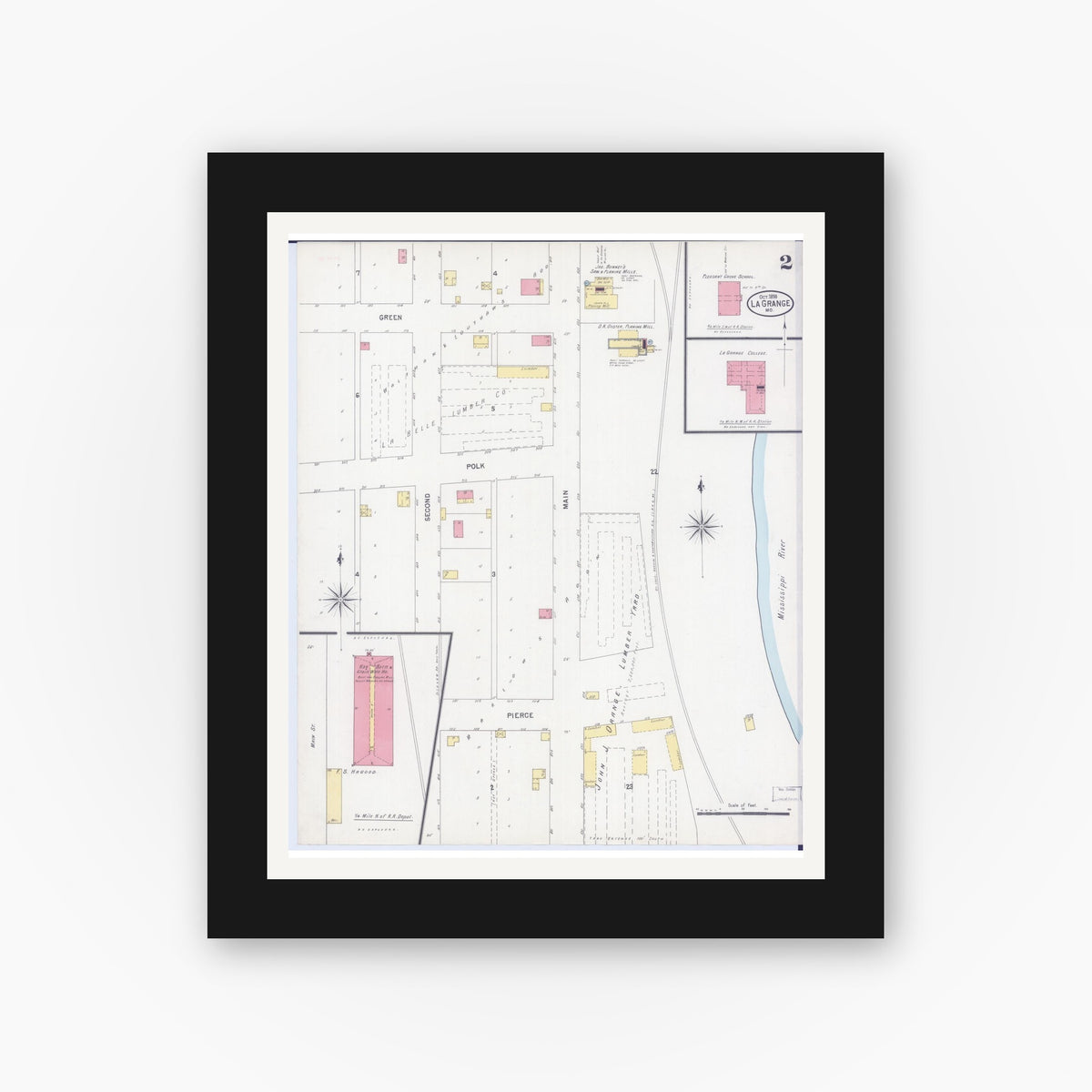 Old map wall art mockup — black gallery frame with white mat — Sanborn Fire Insurance Map from La Grange, Lewis County, Missouri (1898), Sheet #0002