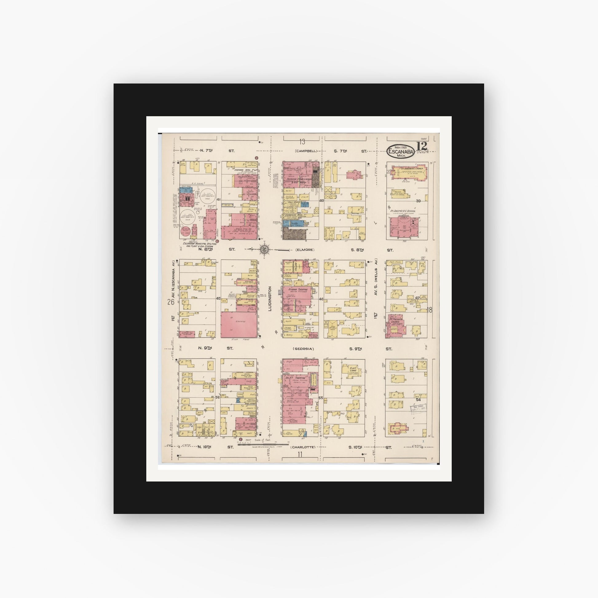 Old map wall art mockup — black gallery frame with white mat — Sanborn Fire Insurance Map from Escanaba, Delta County, Michigan (1921), Sheet #0012