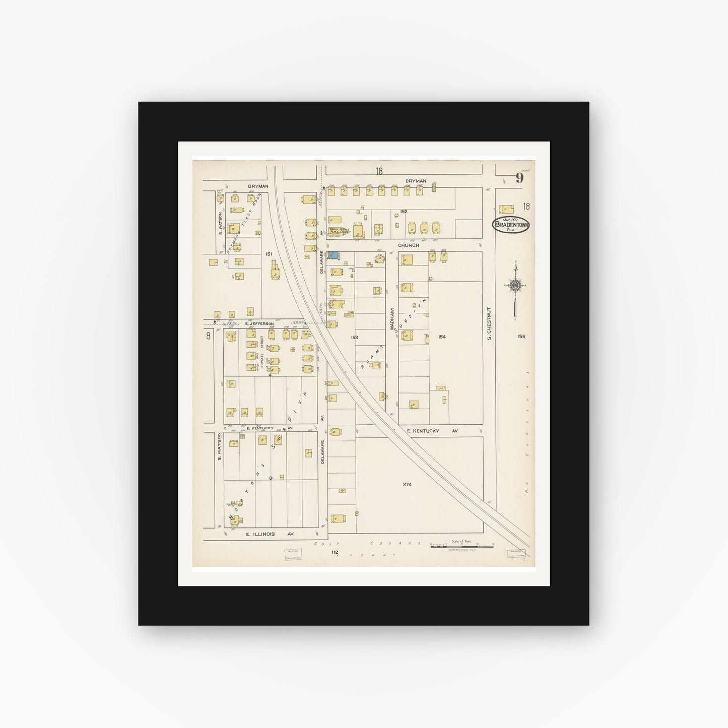 Old map wall art mockup — black gallery frame with white mat — Sanborn Fire Insurance Map from Bradentown, Manatee County, Florida (1922), Sheet #0009