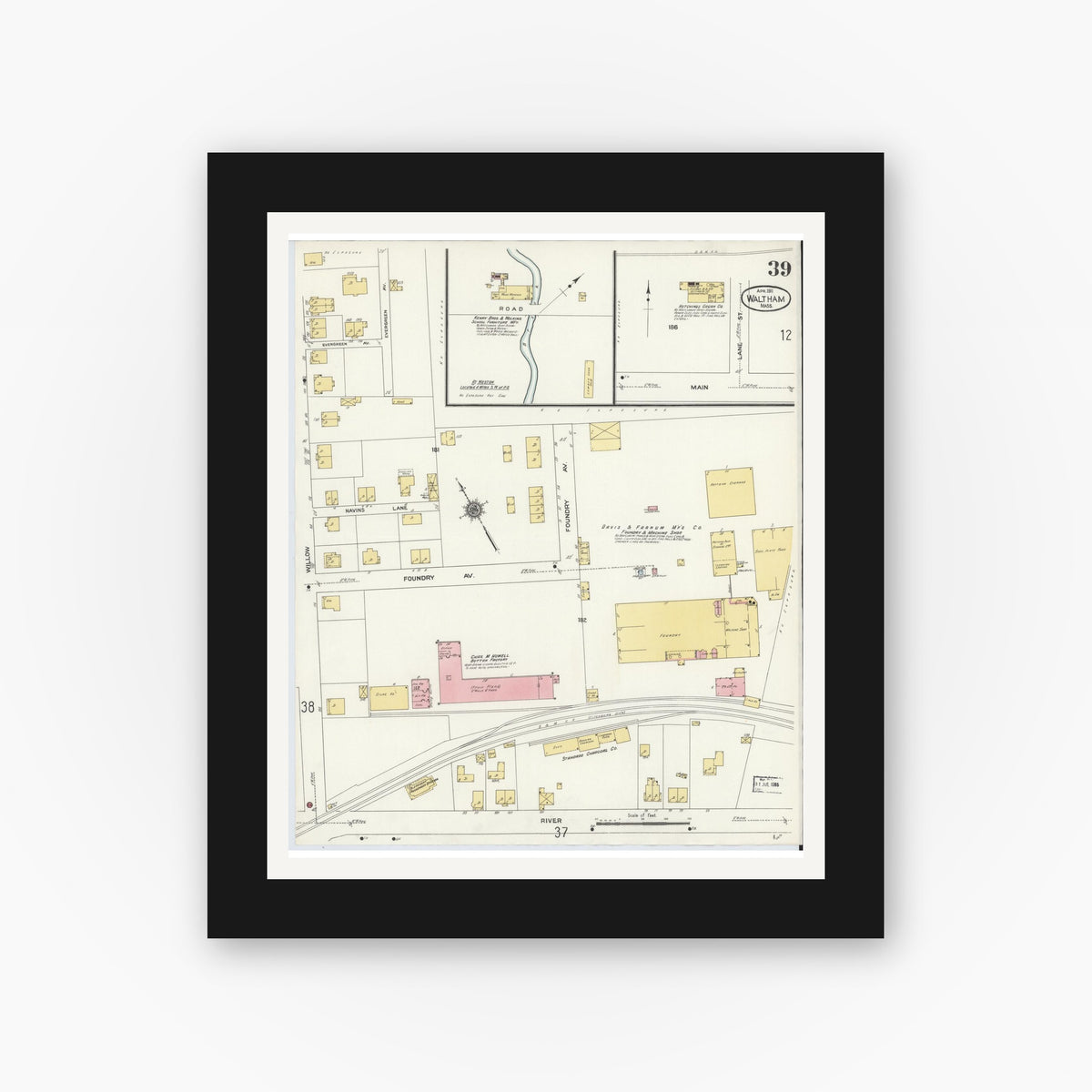 Old map wall art mockup — black gallery frame with white mat — Sanborn Fire Insurance Map from Waltham, Middlesex County, Massachusetts (1911), Sheet #0039